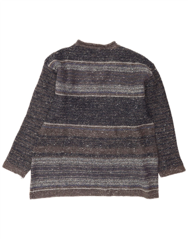 Vintage Mens V-Neck Jumper Sweater Medium Grey Striped