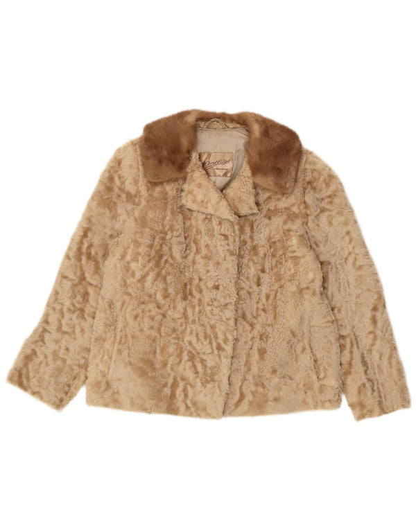 Vintage Womens Faux Fur Jacket UK 10 Small Beige