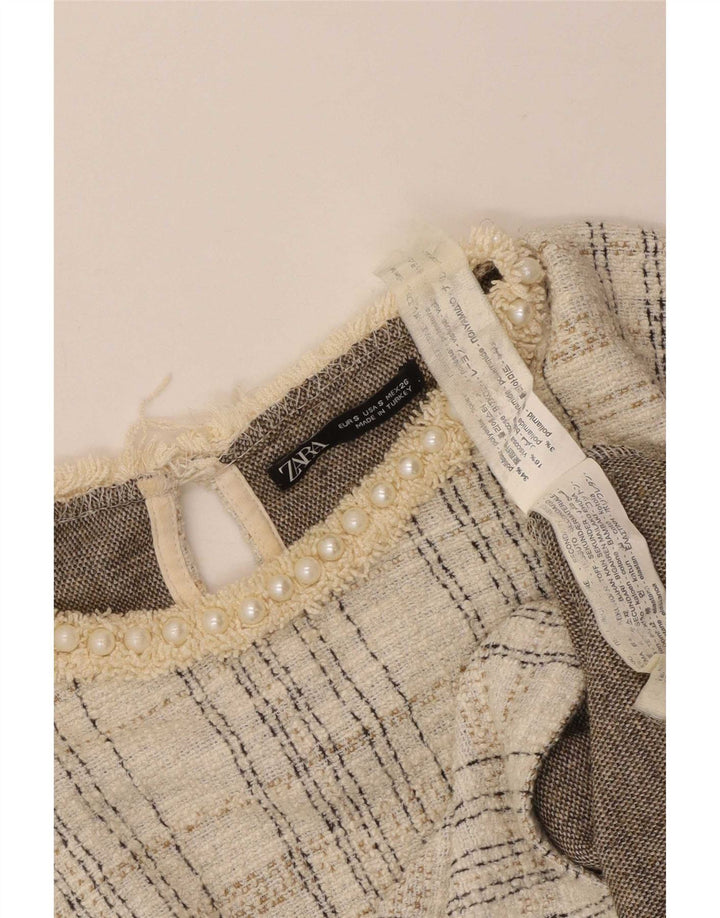 Zara Womens Crop Long Sleeve Blouse Top UK 10 Small Beige Check Polyester