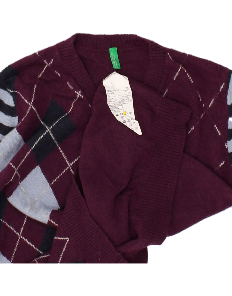 BENETTON Boys V-Neck Jumper Sweater 10-11 Years XL Maroon Argyle/Diamond | Vintage Benetton | Thrift | Second-Hand Benetton | Used Clothing | Messina Hembry 