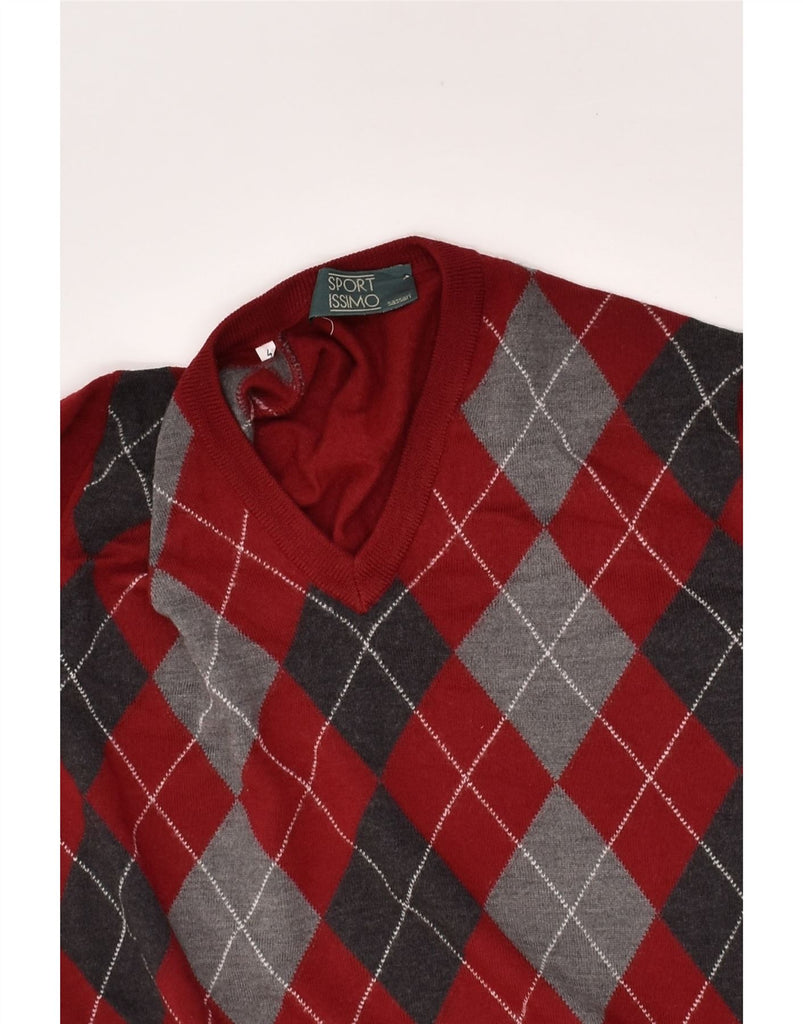 VINTAGE Mens V-Neck Jumper Sweater Medium Red Argyle/Diamond | Vintage Vintage | Thrift | Second-Hand Vintage | Used Clothing | Messina Hembry 