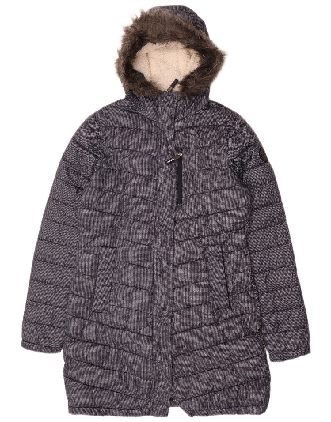 SUPERDRY Womens Hooded Padded Coat UK 12 Medium Navy Blue Polyester