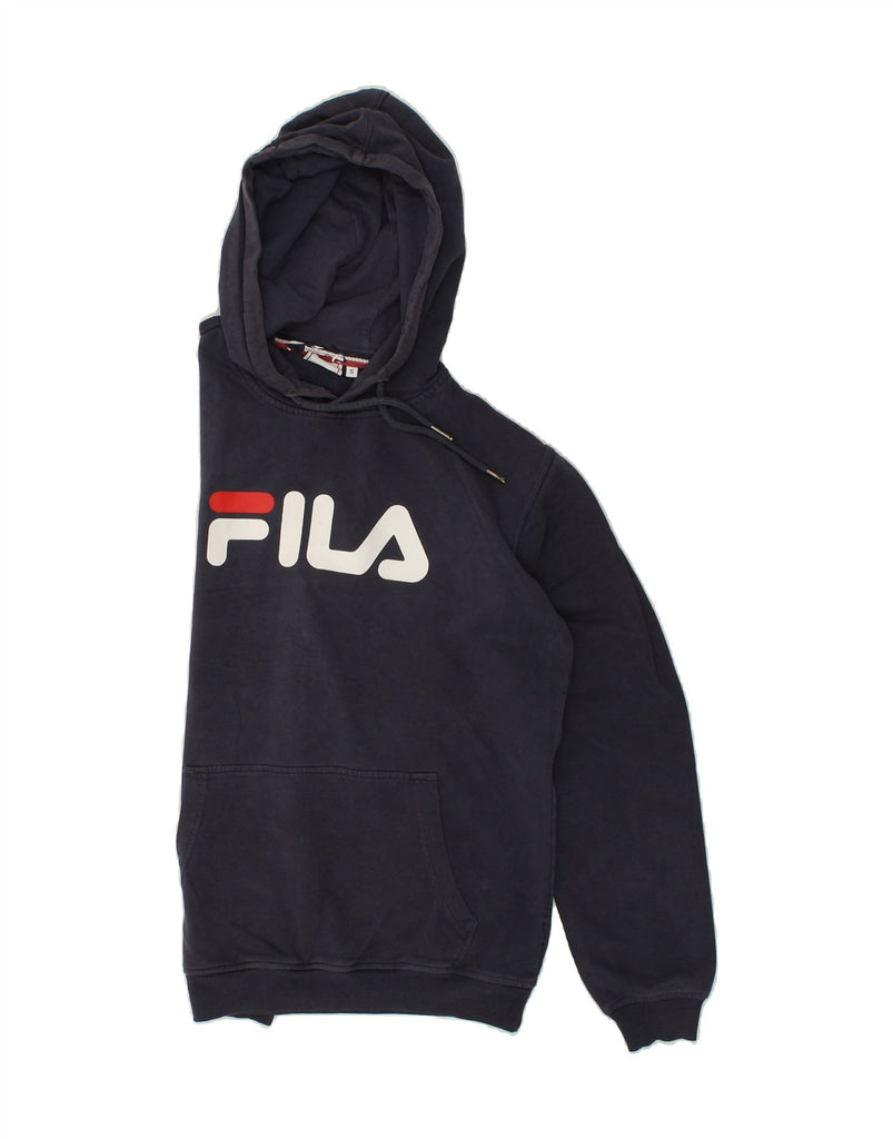 FILA Mens Graphic Hoodie Jumper Small Navy Blue | Vintage Fila | Thrift | Second-Hand Fila | Used Clothing | Messina Hembry 