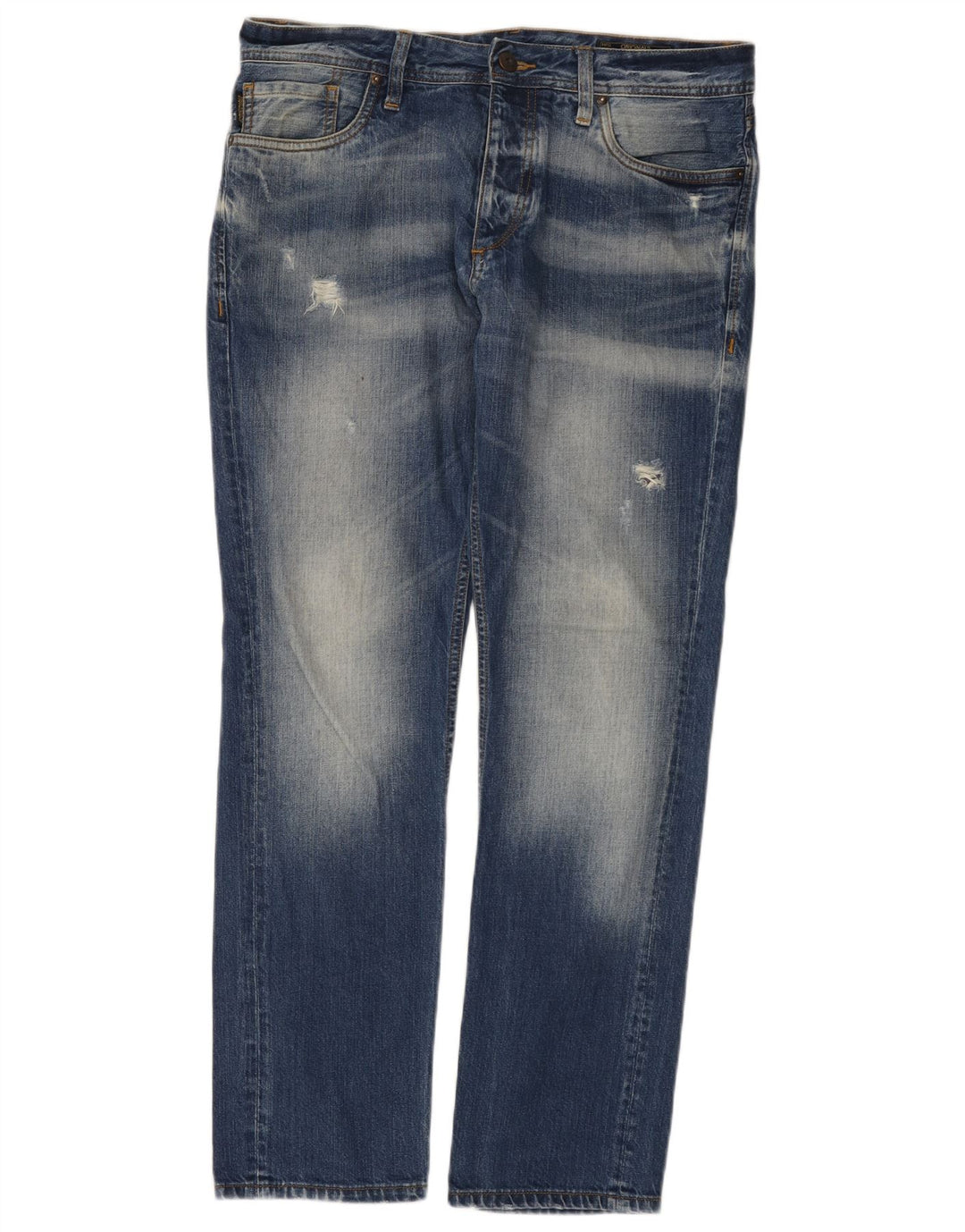 Jack & Jones Mens Distressed Straight Jeans W34 L32 Blue Cotton