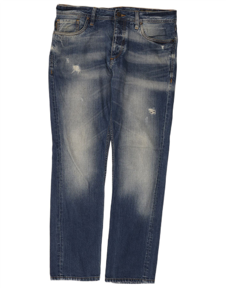 Jack & Jones Mens Distressed Straight Jeans W34 L32 Blue Cotton
