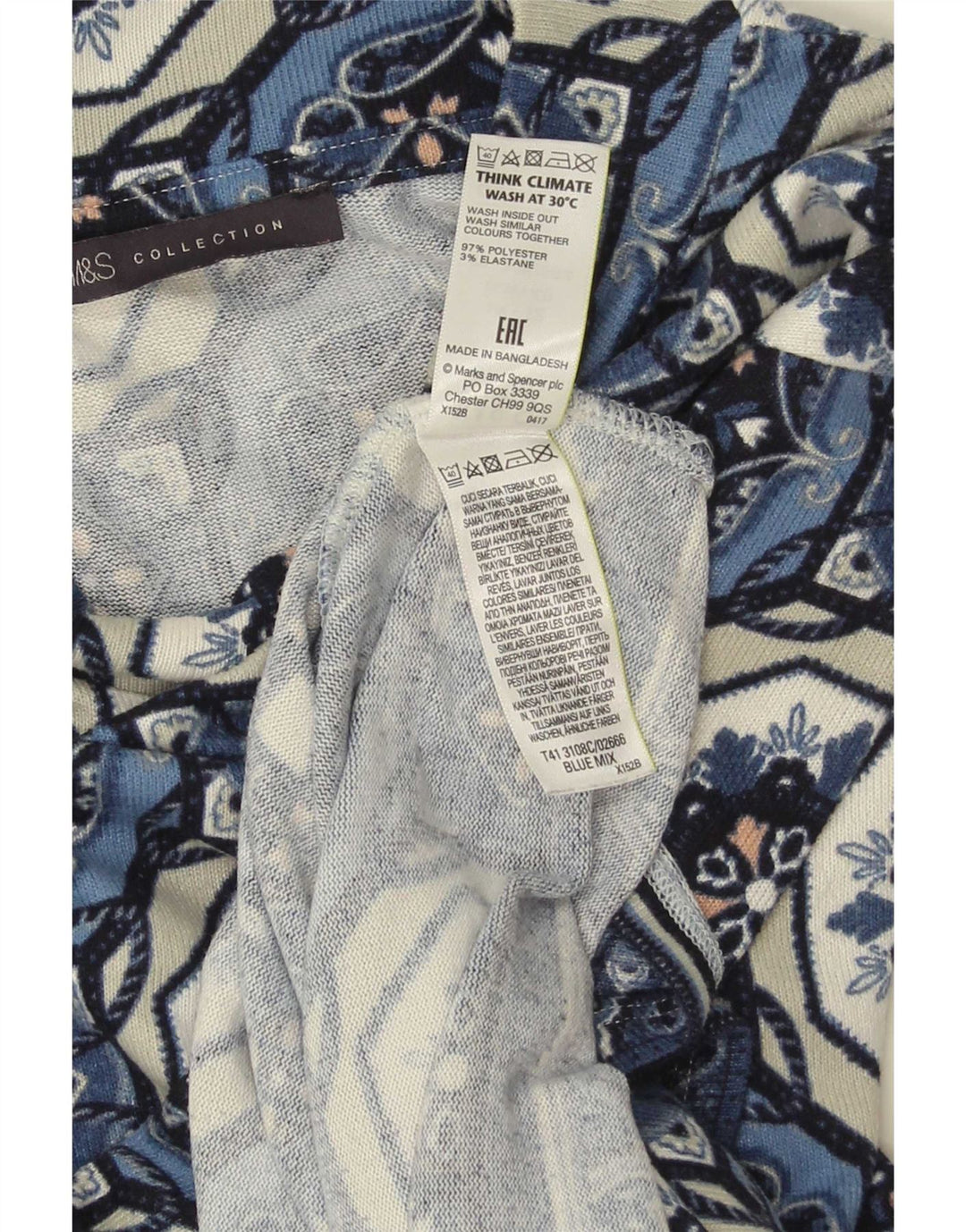 Marks & Spencer Womens 3/4 Sleeve Tunic Top UK 12 Medium Blue Geometric
