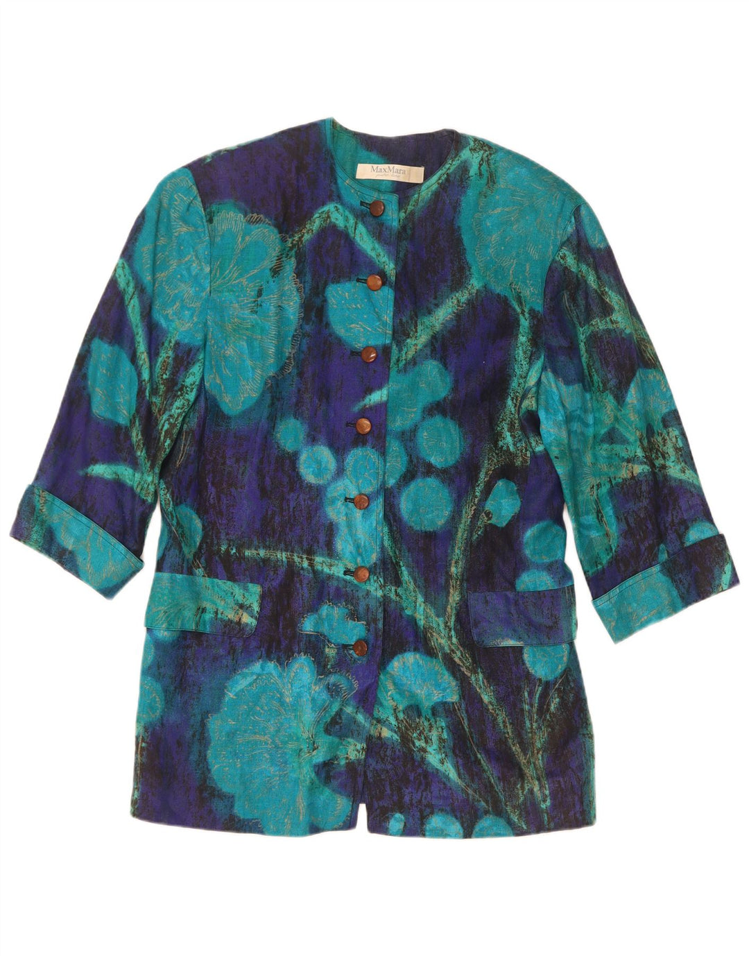 Max Mara Womens 3/4 Sleeve 7 button Blazer Jacket UK 14 Medium Blue Floral