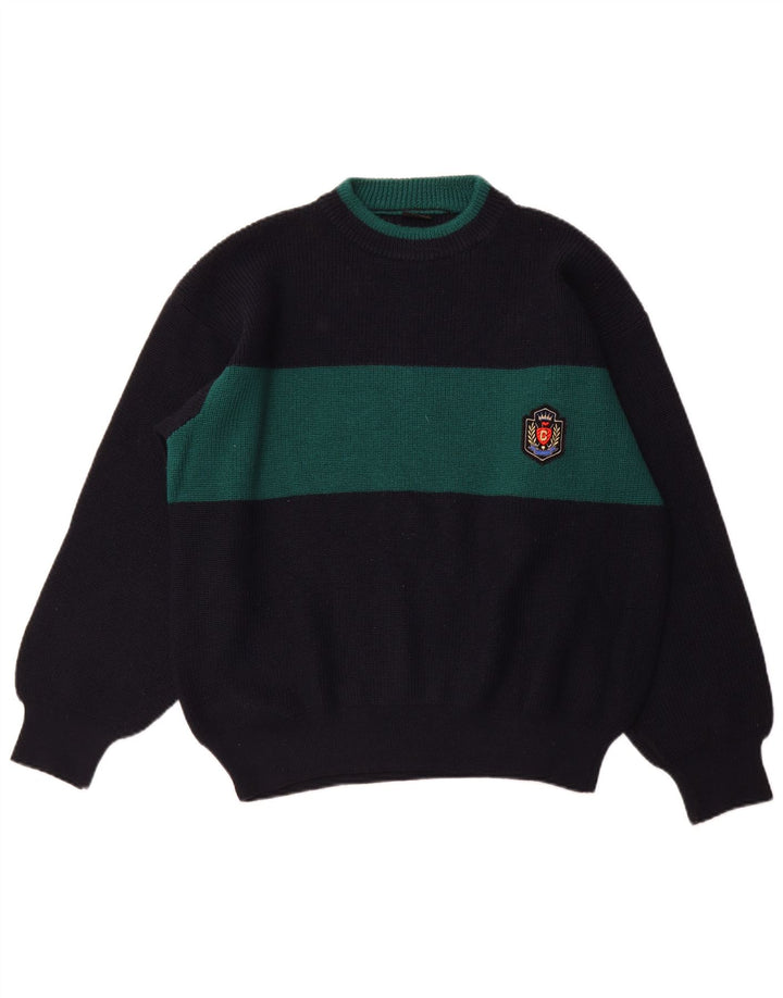 VINTAGE Mens Boat Neck Jumper Sweater XL Navy Blue Colourblock Wool