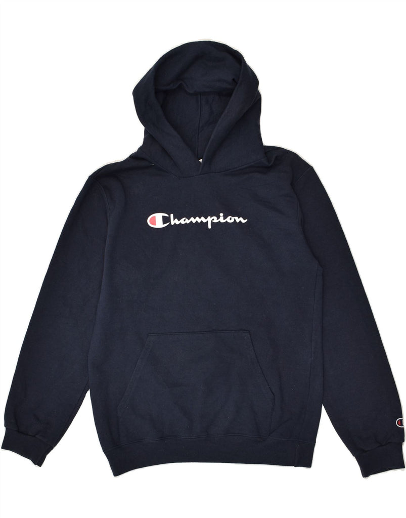 CHAMPION Boys Graphic Hoodie Jumper 12-13 Years Large Navy Blue Cotton | Vintage Champion | Thrift | Second-Hand Champion | Used Clothing | Messina Hembry 