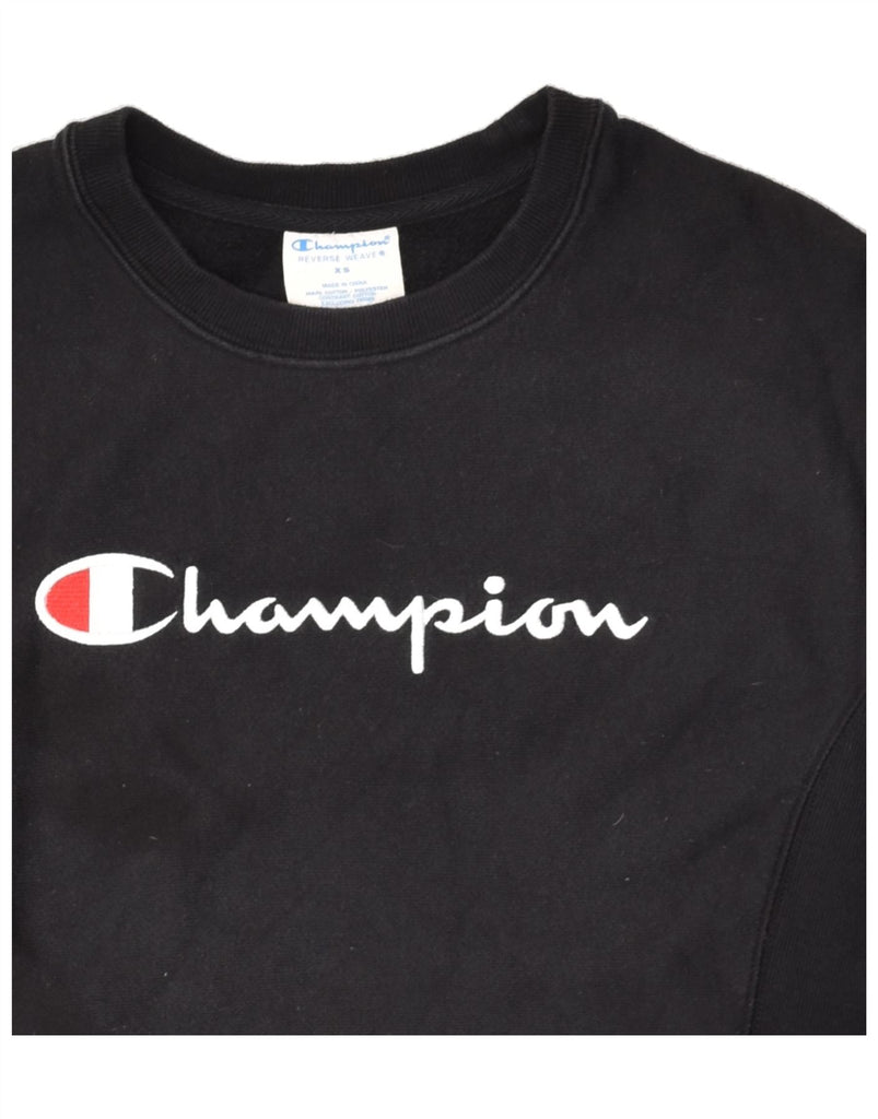 CHAMPION Womens Loose Fit Graphic Sweatshirt Jumper UK 6 XS Black Cotton | Vintage Champion | Thrift | Second-Hand Champion | Used Clothing | Messina Hembry 