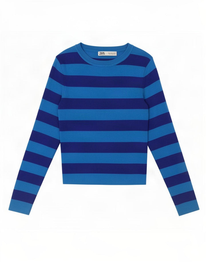 Zara Womens Crop Top Long Sleeve UK 10 Small Blue Striped Viscose