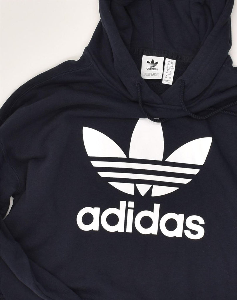 ADIDAS Womens Crop Graphic Hoodie Jumper UK 6 XS  Navy Blue Cotton | Vintage Adidas | Thrift | Second-Hand Adidas | Used Clothing | Messina Hembry 