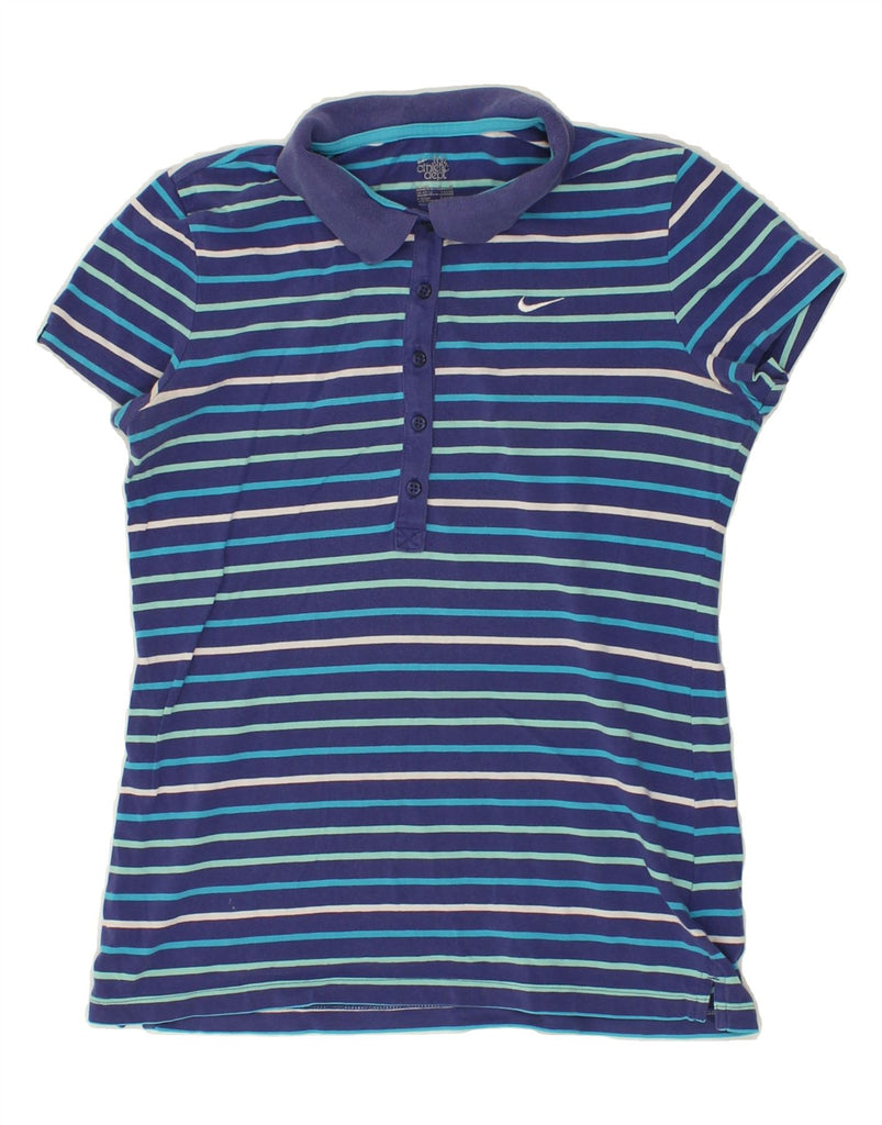NIKE Womens Polo Shirt UK 14 Medium Navy Blue Striped Cotton | Vintage Nike | Thrift | Second-Hand Nike | Used Clothing | Messina Hembry 
