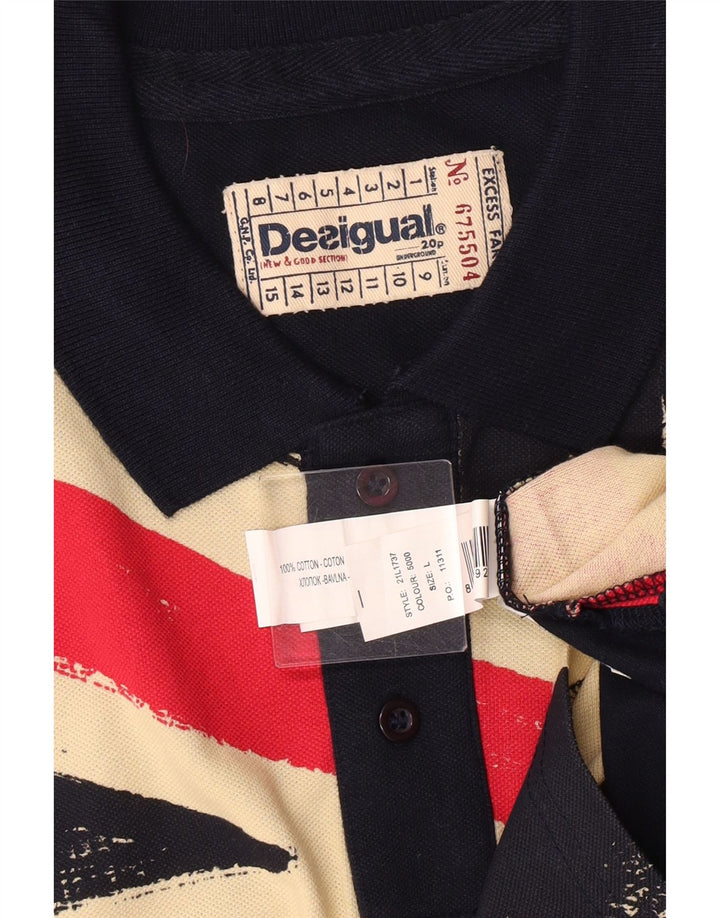DESIGUAL Mens Graphic Polo Shirt Large Navy Blue Colourblock Cotton