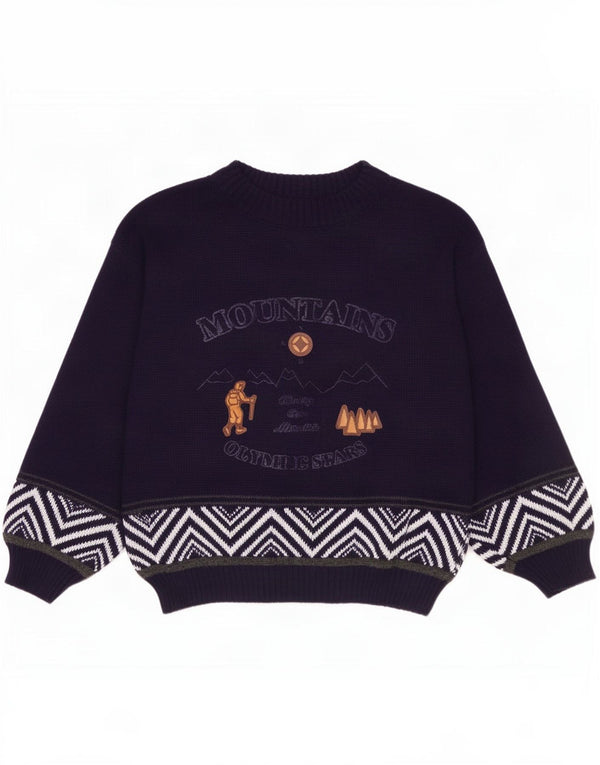 Vintage Mens Graphic Crew Neck Jumper Sweater Large Navy Blue Acrylic