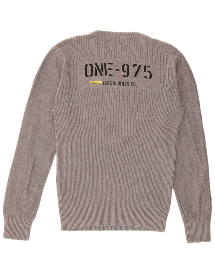 JACK & JONES Mens Graphic Crew Neck Jumper Sweater Medium Grey Cotton
