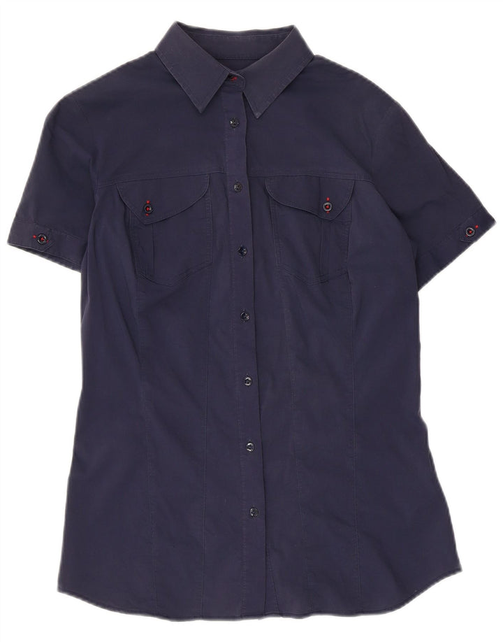 TRUSSARDI JEANS Womens Short Sleeve Shirt UK 12 Medium Navy Blue Cotton