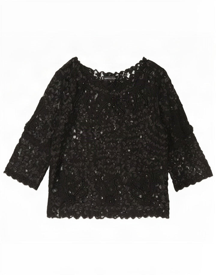 Sky Design Womens See Through Top 3/4 Sleeve US 4 Small Black Floral