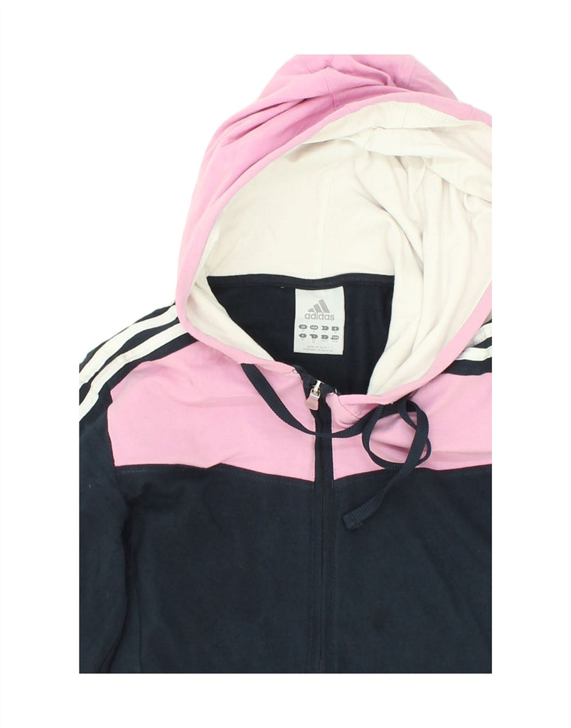 ADIDAS Womens Zip Hoodie Sweater UK 12 Medium Navy Blue Colourblock Cotton | Vintage Adidas | Thrift | Second-Hand Adidas | Used Clothing | Messina Hembry 