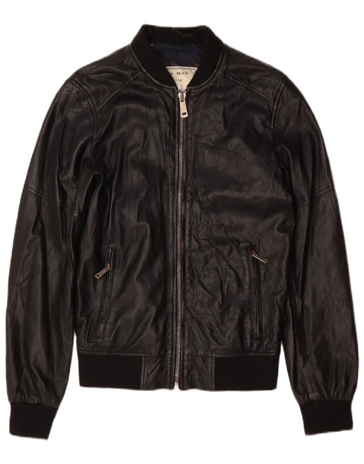 Zara Womens Leather Bomber Jacket UK 10 Small Black Leather