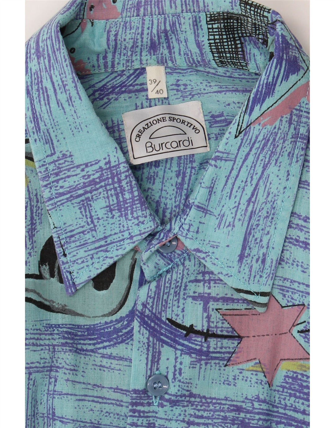 BURCARDI Mens Graphic Short Sleeve Shirt Size 39/40 Medium Blue Polyester Vintage Burcardi and Second-Hand Burcardi from Messina Hembry 