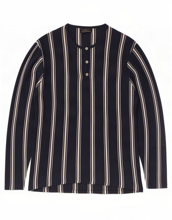 Zara Mens Top Long Sleeve Medium Navy Blue Striped Ramie