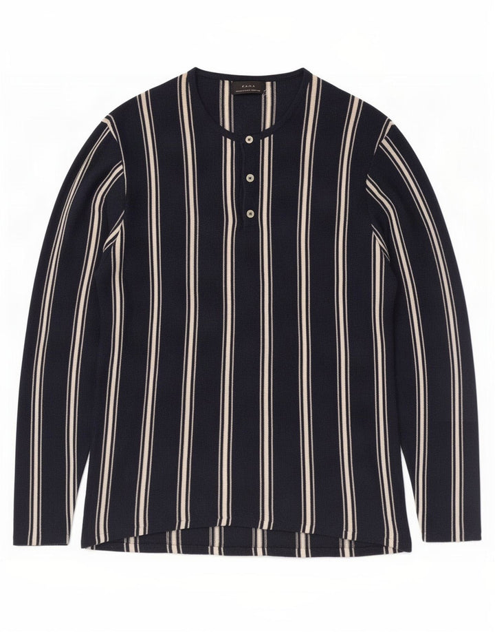 Zara Mens Top Long Sleeve Medium Navy Blue Striped Ramie