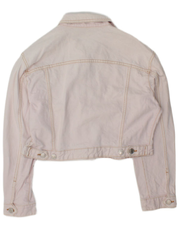 Zara Womens Crop Denim Jacket UK 16 Large Pink Cotton