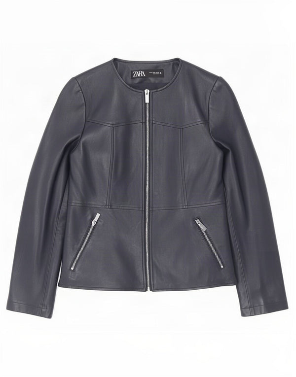 Zara Womens Faux Leather Jacket UK 12 Medium Navy Blue Polyester