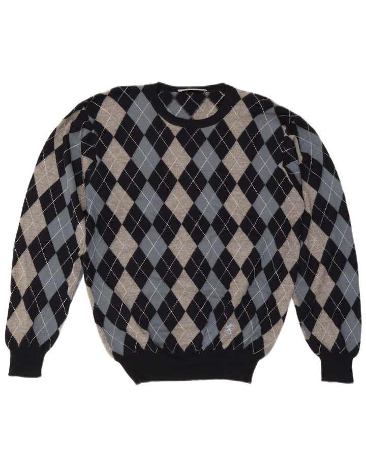 Pringle Mens Crew Neck Jumper Sweater Medium Navy Blue Argyle/Diamond Wool