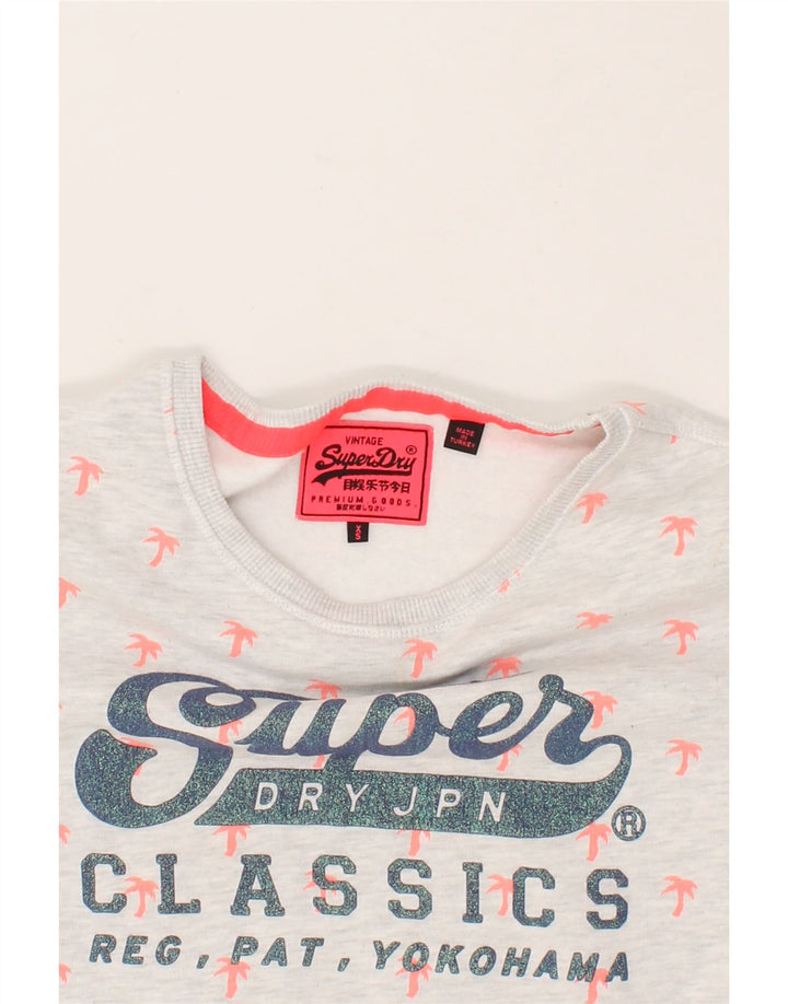 SUPERDRY Womens Oversized Graphic Top 3/4 Sleeve UK 6 XS White Spotted Vintage Superdry and Second-Hand Superdry from Messina Hembry 