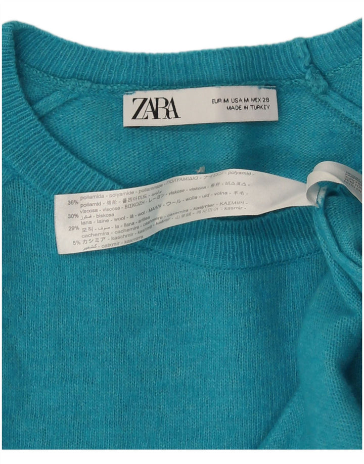 Zara Womens Crew Neck Jumper Sweater UK 12 Medium Turquoise Polyamide