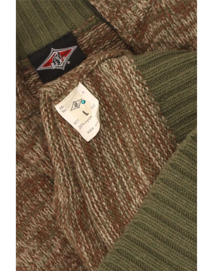 Bear Mens Cardigan Sweater Large Khaki Flecked Wool
