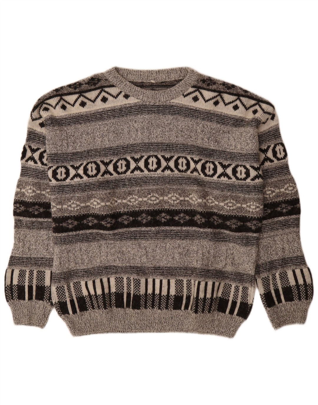 Vintage Mens Crew Neck Jumper Sweater Medium Grey Geometric Wool