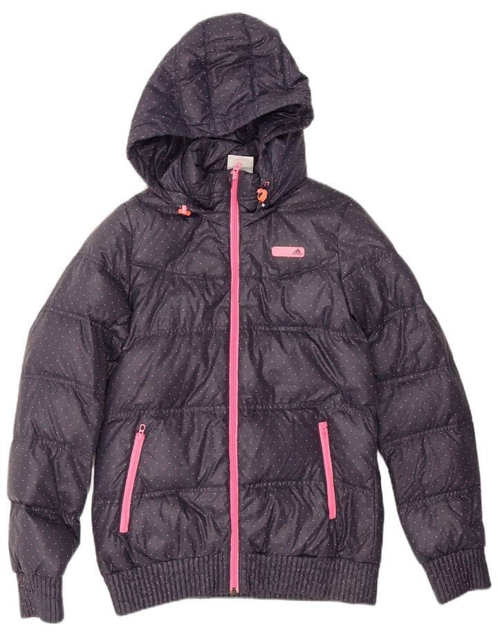 Adidas Womens Hooded Padded Jacket UK 12 Medium Navy Blue Spotted Polyester