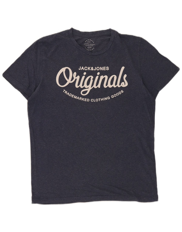 Jack & Jones Mens Graphic T-Shirt Top Medium Navy Blue Cotton
