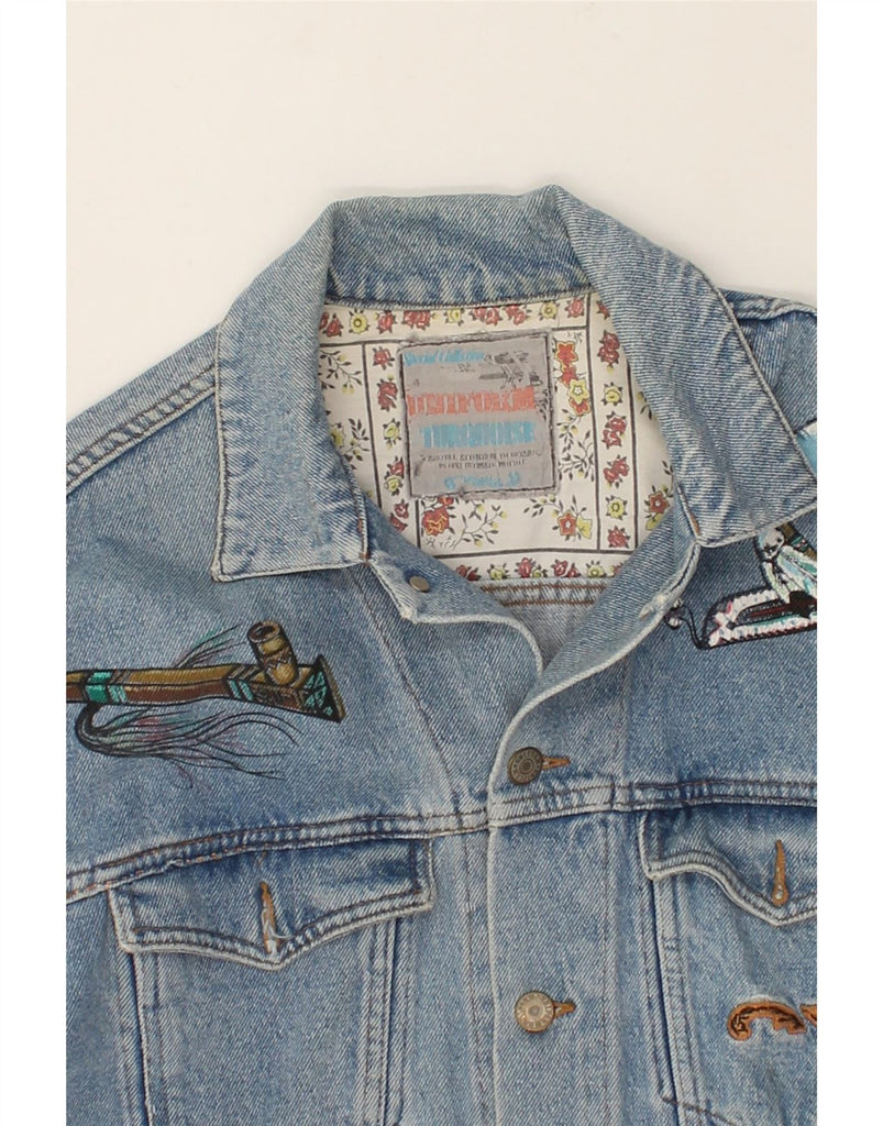 UNIFORM Womens Graphic Denim Jacket UK 40 Large Blue | Vintage Uniform | Thrift | Second-Hand Uniform | Used Clothing | Messina Hembry 
