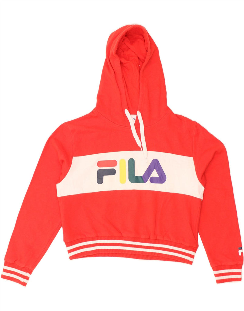 FILA Womens Oversized Crop Hoodie Jumper UK 10 Small Red Colourblock | Vintage Fila | Thrift | Second-Hand Fila | Used Clothing | Messina Hembry 