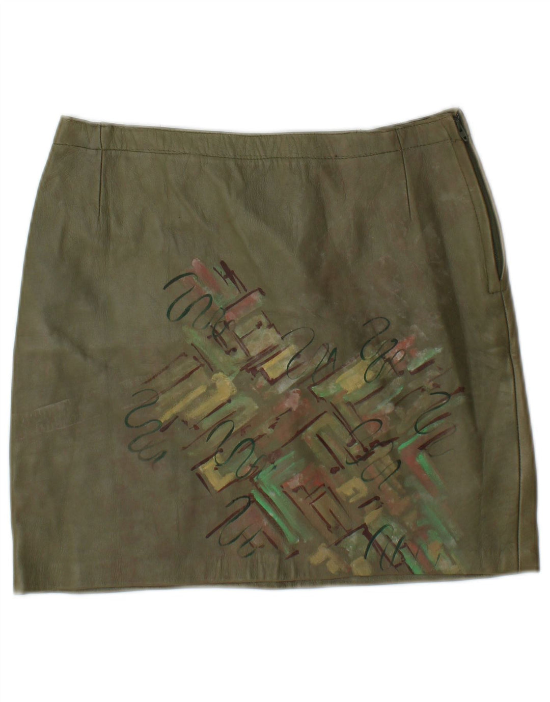 Vintage Womens Graphic Mini Leather Skirt W26 Small Khaki