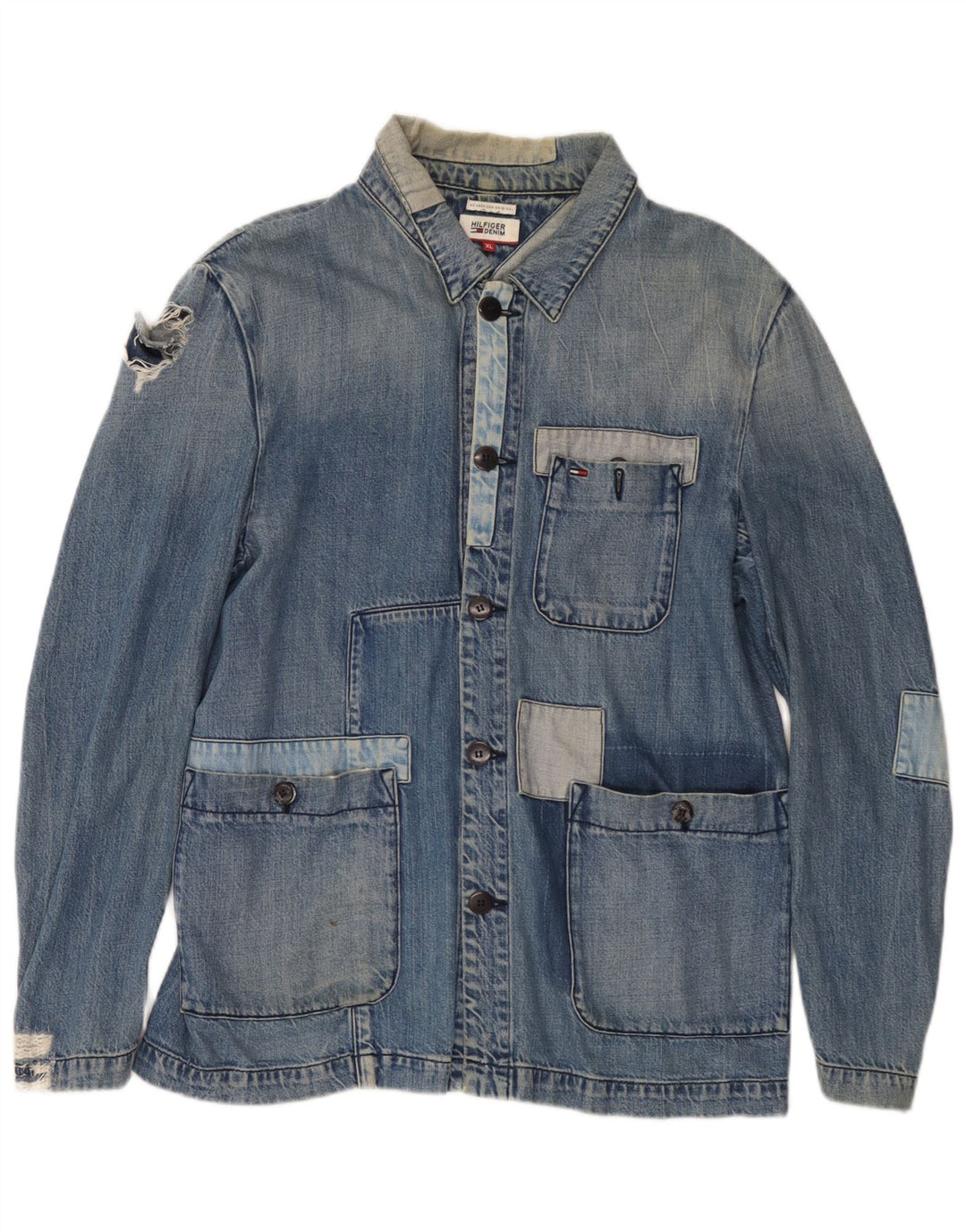 Tommy Hilfiger Womens Distressed Denim Jacket UK 18 XL Blue Patchwork