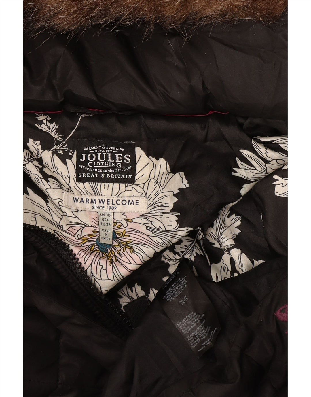 Joules Womens Hooded Quilted Overcoat UK 10 Small Black Polyester