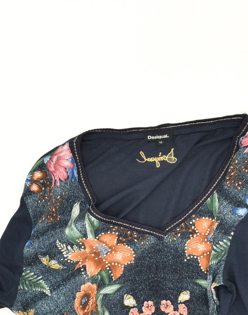 DESIGUAL Womens Graphic Top 3/4 Sleeve UK 12 Medium Navy Blue Floral | Vintage Desigual | Thrift | Second-Hand Desigual | Used Clothing | Messina Hembry 