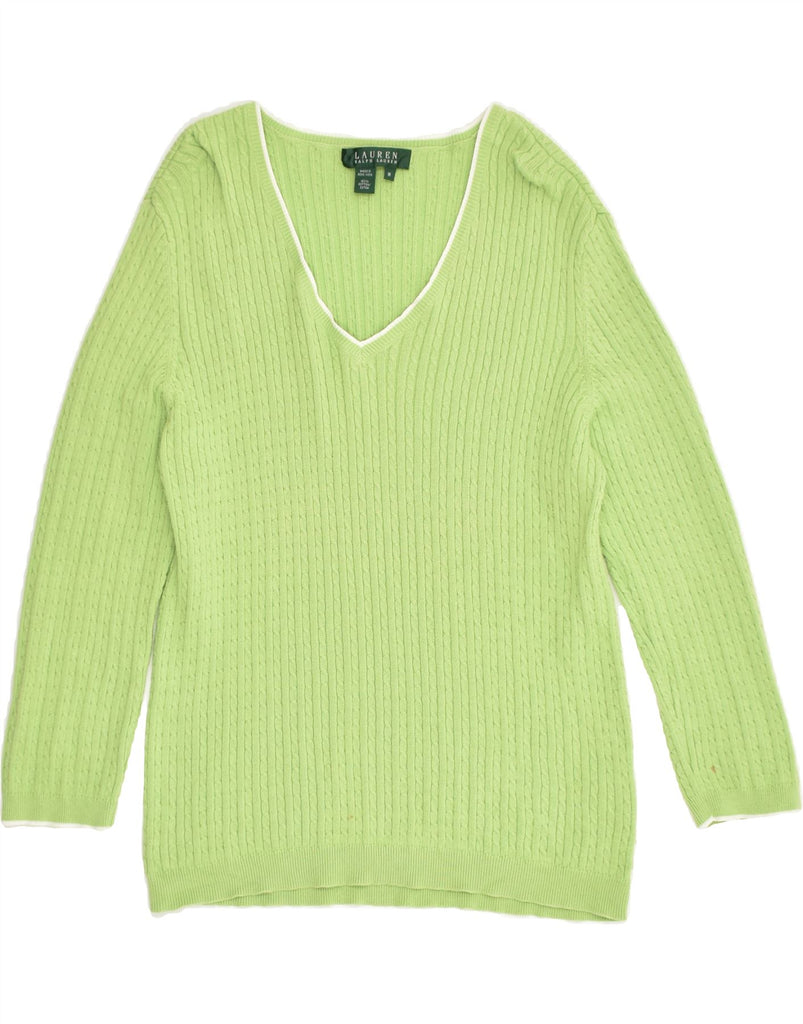 RALPH LAUREN Womens V-Neck Jumper Sweater UK 12 Medium Green Cotton | Vintage Ralph Lauren | Thrift | Second-Hand Ralph Lauren | Used Clothing | Messina Hembry 