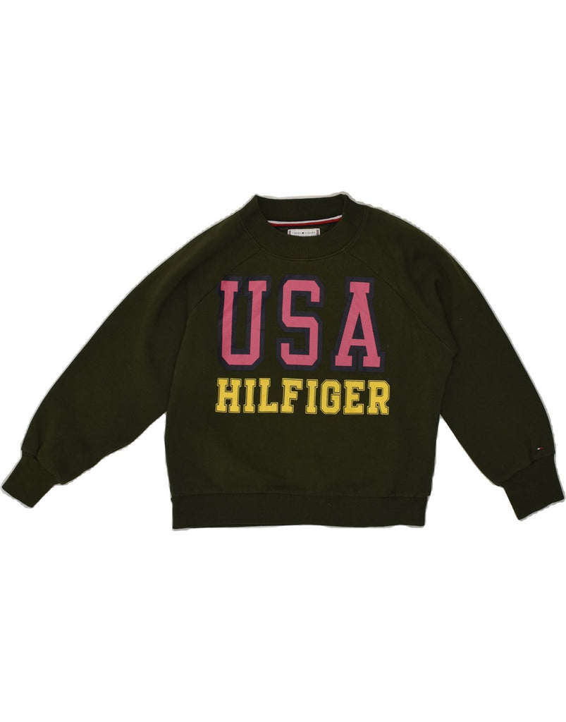 TOMMY HILFIGER Girls Graphic Sweatshirt Jumper 11-12 Years Khaki Cotton | Vintage Tommy Hilfiger | Thrift | Second-Hand Tommy Hilfiger | Used Clothing | Messina Hembry 