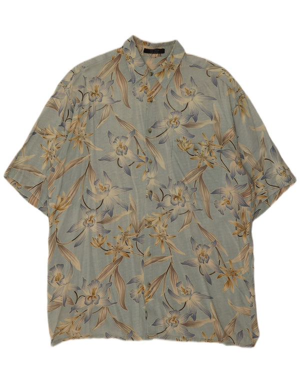 Vintage Mens Short Sleeve Shirt Large Blue Floral Rayon