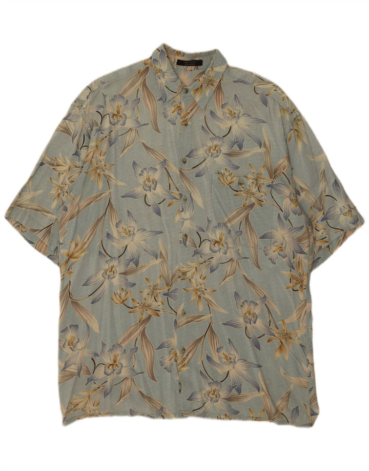 Vintage Mens Short Sleeve Shirt Large Blue Floral Rayon