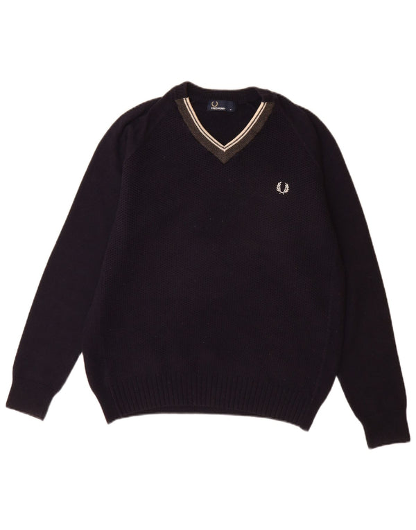 FRED PERRY Mens V-Neck Jumper Sweater Medium Navy Blue Wool