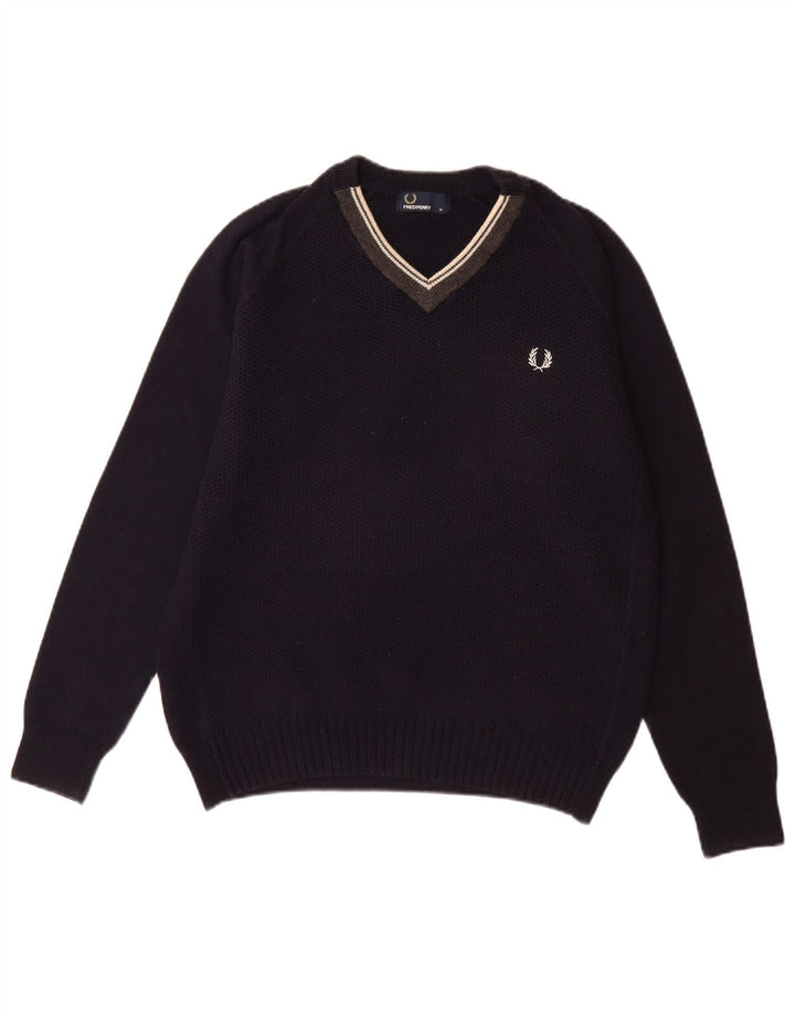 FRED PERRY Mens V-Neck Jumper Sweater Medium Navy Blue Wool