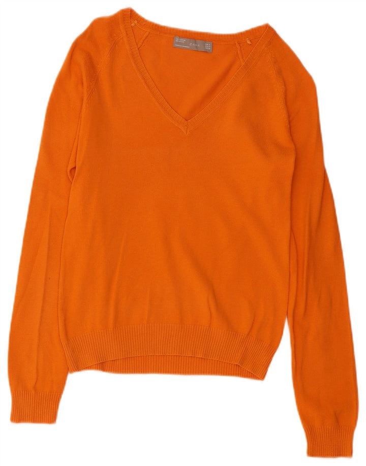 Zara Womens V-Neck Jumper Sweater UK 12 Medium Orange Cotton