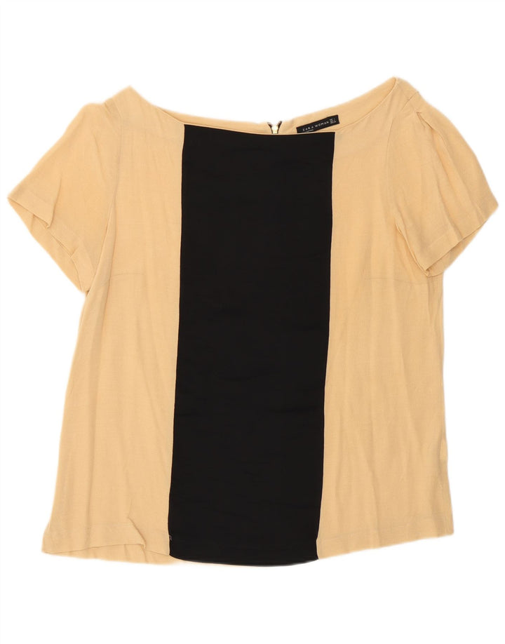 Zara Womens Blouse Top UK 16 Large Beige Colourblock Viscose